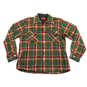 Kings Road Flannel Shirt Loop Collar Wool Blend Red Green Plaid M 1970s